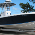 A boat is parked on the dock in front of a tree.