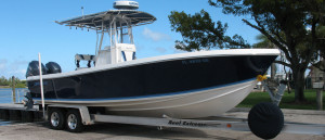 A boat is parked on the dock in front of a tree.